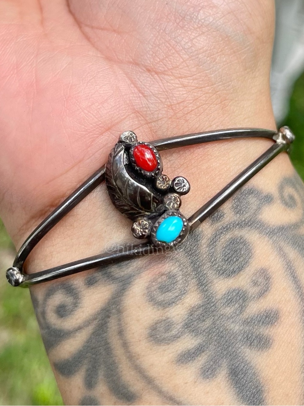Vintage Signed Native American Turquoise Sterling Cuff Bracelet Coral Indian 70s